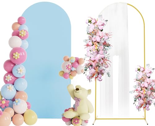 Putros Arch Backdrop Stand and Cover Set, 6ft, Gold Arch Stand with Dusty Blue Cover, Metal Arched Background Frame for Wedding, Birthday Party, Baby Shower, Photography Decoration - color: Dusty Blue, size: 6ft x 2.6ft