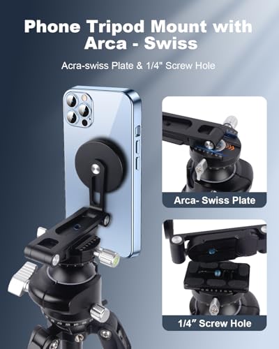 Aluminum Alloy Magnetic Phone Mount with 1/4" Screw & Arca Quick Release - Foldable Magnetic Holder for iPhone 16/15/14, Vlogging Tripod, Live Streaming Setup 814001