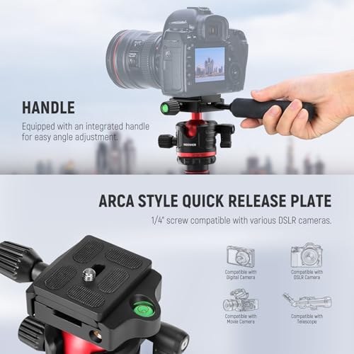 NEEWER Basics Camera Tripod Monopod, 77" Compact Lightweight Travel DSLR Video Stand, 360° Ball Head, Arca Type QR Plate, Reversible Legs & Inverted Central Axis, 13lb Max Load, TP08 - style: TP08