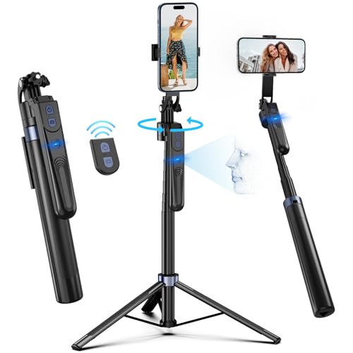 Auto Face Tracking Tripod 360 Rotation with Stand,Android and iPhone Tripod Holder with Remote and Gesture Control, No App,Built-in Tracking Camera Selfie Stick for Vlog Video Recording Tiktok - color: Black-Tripod