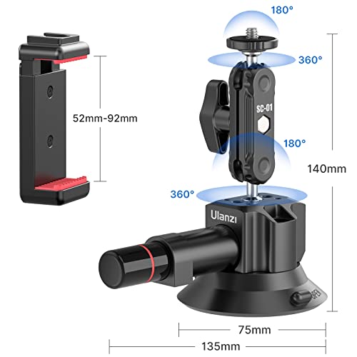 UURig SC-01 Suction Mount 3" for Vlogging Camera Car with Smartphone Clamp | Compatible with DJI OSMO Pocket 3/Pocket 4/Pocket 4 Pro/Luna/OSMO 360/Insta 360 x5/Xtra Muse/iPhone 17 16 15, 1/4" Magic Arm - size: 3" SC-01 Suction Mount