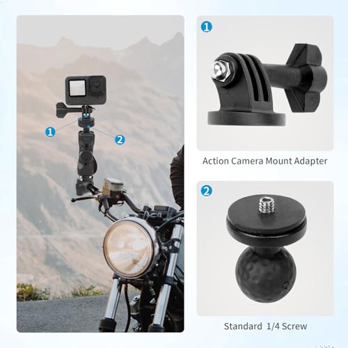 Bike Motorcycle Camera Mount Bundle Kit, 1/4" Screw & Tripod Mount Adapter, 360°Rotating Ball Head Base - Super Clamp Mounting for Most Action Camera, Rearview Mirror(0.35"-0.47") 75015 - style: D9MM-12MM mount