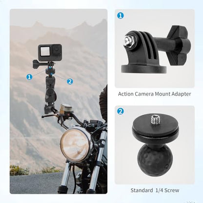 Bike Motorcycle Camera Mount Bundle Kit, 1/4" Screw & Tripod Mount Adapter, 360°Rotating Ball Head Base - Super Clamp Mounting for Most Action Camera, Rearview Mirror(0.35"-0.47") 75015 - style: D9MM-12MM mount