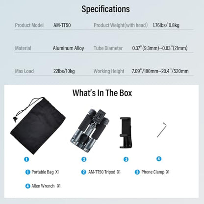SIRUI Compact Mini Desktop Tripod, 20" Aluminum Portable Small Tabletop Tripod Stand with 360° Ball Head for DSLR, Camera, Phone, Loaded up to 17.64lbs, Phone Holder Included, AM-TT50 - style: AM-TT50