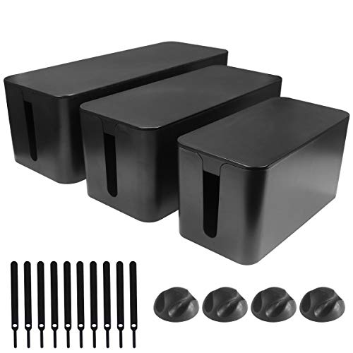 DUNCHATY Cable Management Box 3 Pack - Cord Organizer Box for Desk TV Computer - Large Medium Small Power Strip Cover & Wire Hider - Child & Pet Safe ABS Cord Box with Cable Ties - Black - color: Black