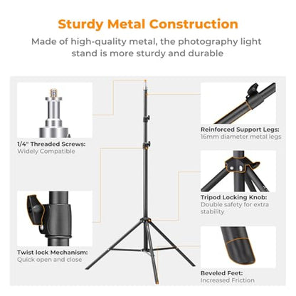 K&F CONCEPT Light Stand for Photography, 6.5ft/2M Portable Extendable Photo Video Tripod Stand, Lighting Tripod with 1/4" Screw for Lighting/Strobe Light/Webcams/Cameras/Softbox, with Storage Bag - size: 2.0M