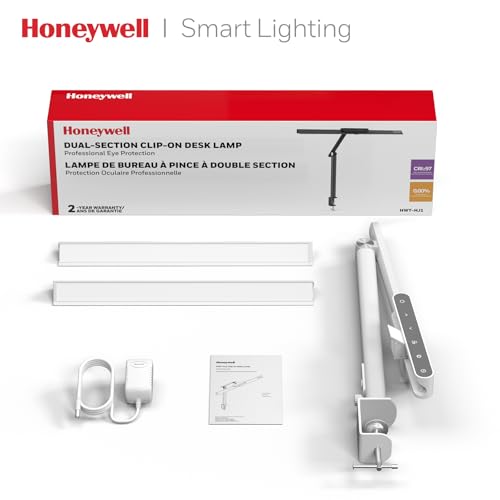 Honeywell LED Desk Lamp with Clamp - HJ1 Sunturalux Eye-Caring Clip on Lights for Home Office, 1200LM Clamp Lamp 4 Color Modes Stepless Dimming Task Desk Light for Working White - style: White Clamp