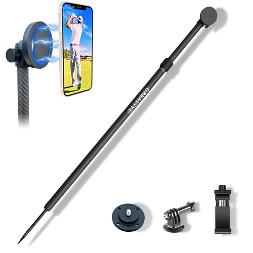 Carbon Fiber Monopod Golf Swing Recorder - Ultra Lightweight with MagSafe Magnetic Holder - Adjustable 32-55" Height - Ground Spike - Training Aid for iPhone Android