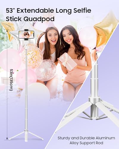 53'' Selfie Stick Tripod with Light, Enhanced 4-Leg Cell Phone Stand Camera Tripod with Rechargeable Wireless Remote & 2 Fill Light, Portable Selfie Stick Travel Essentials for iPhone Android - color: White A