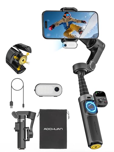 AOCHUAN AI Face Tracker Gimbal Stabilizer for iPhone w/Magnetic Remote, 360° Pan Rotation 3-Axis Gimbal for iPhone, Stabilizer w/Light, Built-in Extension Rod & One-Touch Open Tripod, Volg, Sport - size: X3AI