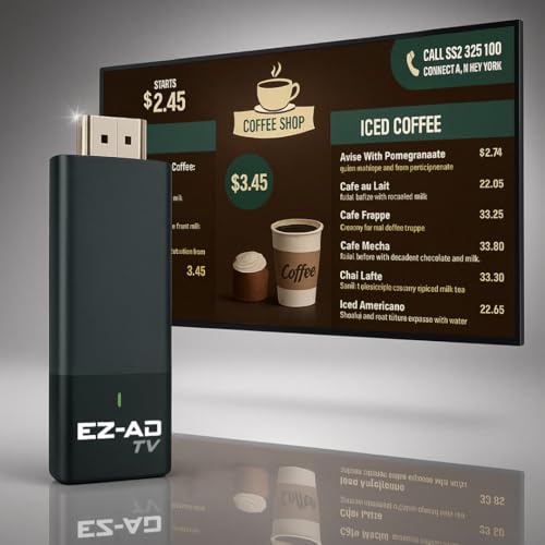 EZ AD TV - AI Digital Signage Stick - Cloud Controlled AI Digital Signage Media Player - AI Creates Content On Digital Display Board - Powerpoint uload 4K Media Player + Mobile App W/Template Builder