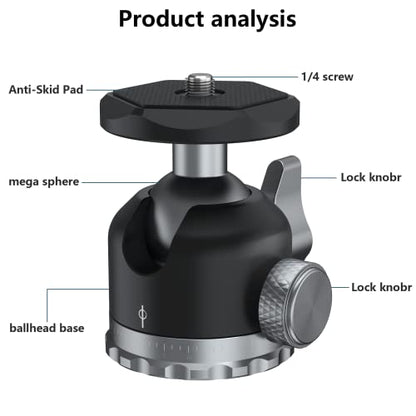 Tripod Ball Head 360 Degree Rotating Panoramic Ballhead with 1/4 inch Screw 3/8" Thread Mount, Max Load up to 5 kg/ 11lb,for Monopod, DSLR, Phone, Gopro - size: Heavy duty 11/lb