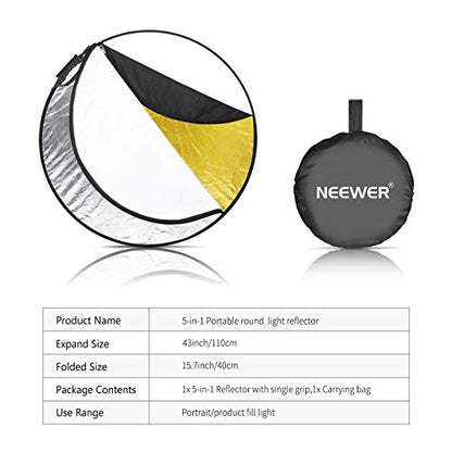 Neewer 5-in-1 Portable Round 43 in/110cm Light Reflector Collapsible Multi-Disc with Single Grip and Bag for Studio Photography Lighting and Outdoor Lighting - Gold/Silver/White/Black/Translucent - size: 110cm
