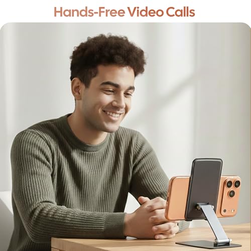 Phone Stand for Desk, Adjustable Aluminium Cell Phone Stand Holder, Foldable Phone Holder for iPhone & Android, Anti-Slip Phone Stand for Video Calls & Recording