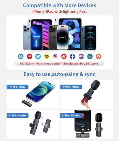 2 Pack Wireless Lavalier Microphone for iPhone, Mini Mic with Noise Cancellation for Interview Video Podcast Vlog YouTube