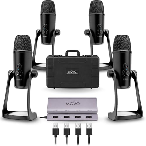 Movo 4-Person USB Podcast Equipment Bundle – 4 Condenser Mics, Hub & Case | Built-in Headphone Monitoring. Plug-and-play with Zoom, OBS & Audacity on Mac/Windows. Ideal for interviews & streaming. - style: with 4 Mics (Black)