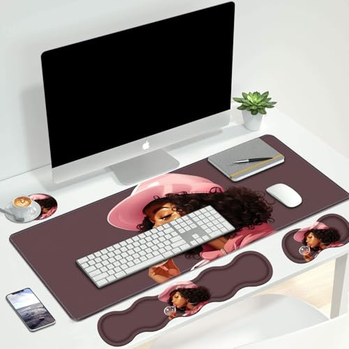 4 in 1 Ergonomic Keyboard Wrist Rest & Mouse Pad Wrist Rest Set, Large XXL Gaming Desk Mat 31.5"x 11.8" with Non-Slip Base, Memory Foam for Home Office Study Gaming, African American Black Girl - color: African American Black Girl