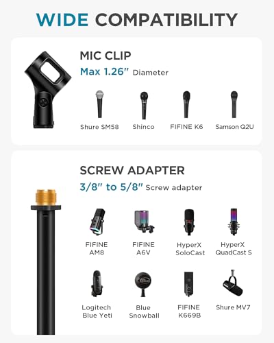 InnoGear Adjustable Desk Microphone Stand, Weighted Base Boom Arm Mic Stand, 3/8'' and 5/8'' Threaded Mounts for Blue Yeti HyperX QuadCast SoloCast Fifine, Kick Drums, Guitar Amps, Black, Large - size: Large