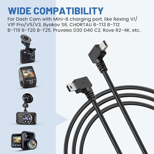 EWAY Mini USB Dash Cam Power Cable 13ft, for Rexing V1 Pro V5 V3 Byakov S6 Rove R2-4K Dashcam Dashboard Camera Recorder, USB 2.0 A to 90 Degree Right Angle Mini-B Charging Cord Car Charger Adapter