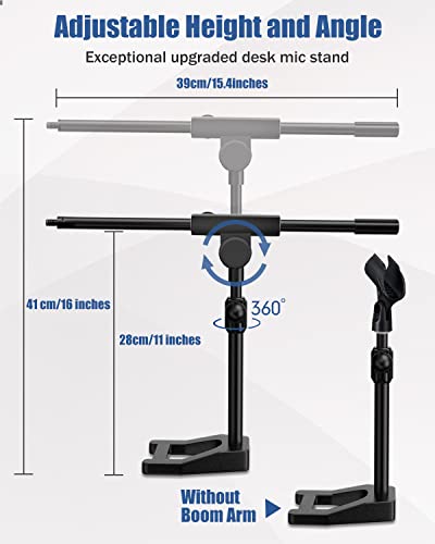 Desktop Microphone Stand, Adjustable Mic Stand with Boom Arm, Mic Clip Holder and 3/8" to 5/8" Screw Adapter for Dynamic Microphone and Blue Snowball, Blue Yeti, Kick Drums, Guitar Amps