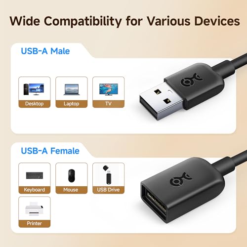 Cable Matters 2-Pack USB Extension Cable - 6ft, Male to Female USB Extender Cable, USB2.0 Extension Cord, 480Mbps, Black - size: 6 Feet, style: 2-Pack