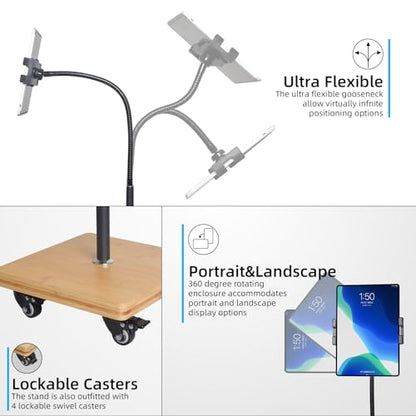wishacc Tablet Floor Stand for Bed - Gooseneck Tablet Holder Mount with Adjustable Height and 4 Wheels, Compatible with iPad mini Air Pro 12.9/9.7, Galaxy Tab, Kindle, Cell Phones (4.7"-13") - size: 11.6 x 11.6 inches