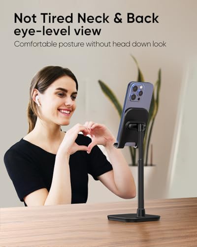 Cell Phone Stand, Adjustable Height Phone Stand for Desk, Eye Level Desktop Phone Holder Compatible with iPhone, Pro Max, Samsung, and All Mobile Phones up to 10'' - color: Black