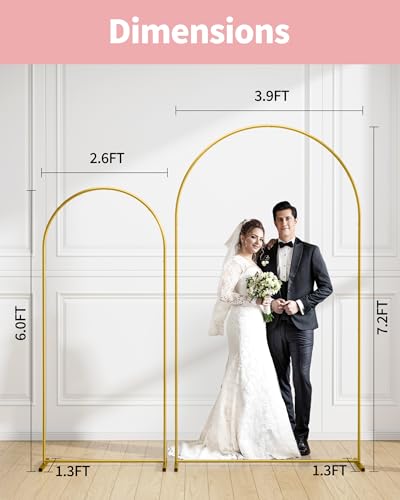 Pureegg Metal Arch Backdrop Stand Set - Set of 2 (7.2ft/6.0ft), Gold Wedding Stand with Stable Base, Elegant Backdrop Cover for Party, Birthday, Baby Shower, Graduation, Easy to Assemble - color: Gold, size: 7.2FT, 6.0FT