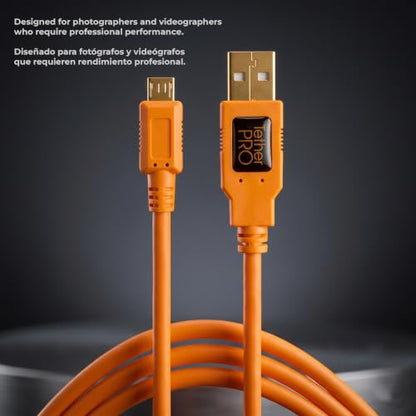 Tether Tools TetherPro USB 2.0 to USB Micro-B 5-Pin Cable | for Fast Transfer Between Camera and Computer | High Visibility Orange | 15 Feet (4.6 m)