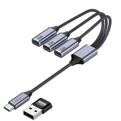 weishan USB C Splitter 1 in 3 Out Cable - 10-Inch Short USB-C Female to 3 Type-C Male Cord with USB Adapter, Charging and Data Transfer for PC Flash Drive Keyboard Mouse