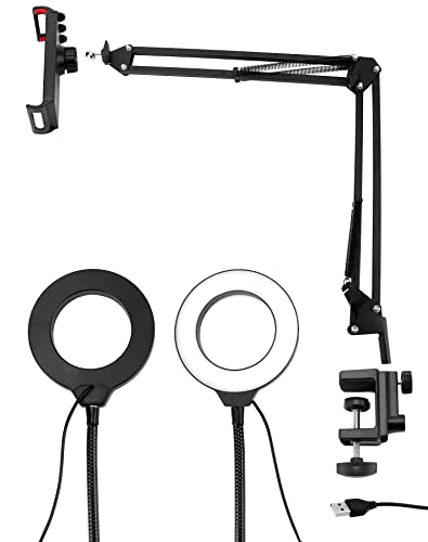 QWORK Overhead Camera Mount, Phone Mount with Ring Light, Flexible Articulating Phone Arm Stand, Phone Holder Stand, Phones Mount Clamp on Desk, for Live Stream, Video Recording and Online Teaching