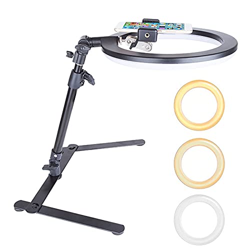 2 in 1 Desktop High Angle Shot Phone Mount with 10-inch Dimmable LED Ring Fill Light for Cook Recording Calligraphy Drawing Online Lesson Nail-Art Jewelry Craft Video Recording Live Streaming - color: Black-10''