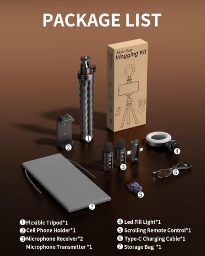 Vlogging Kit for iPhone/Android, 9" Flexible Tripod for iPhone with Light, Wireless Remote & Microphone, Adjustable Content Creator YouTube Starter Kit for TikTok/Recording/Live Streaming
