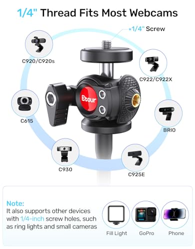 Webcam Tripod Stand with Phone Holder, Gooseneck Arm with 360° Ballhead for Desktop & Overhead Recording, Compatible with Logitech Cam C920 C922 C930e C960 C615 BRIO NexiGo N60 with 1/4'' Thread