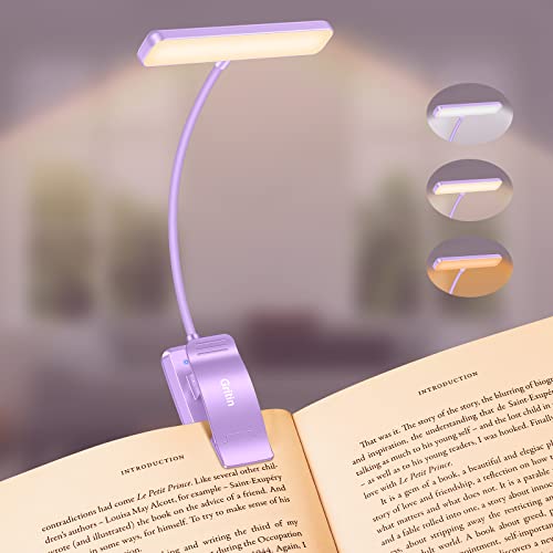 Gritin 19 LED Rechargeable Book Light for Reading in Bed | Eye Caring 3 Color Temps,Stepless Dimming Brightness,Memory Function,90 Hrs Runtime Lightweight Clip on Light-Purple - color: Purple