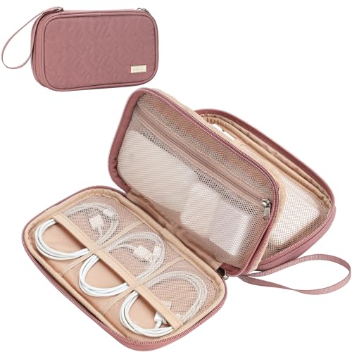 NISHEL Travel Cord Organizer Case, Double Layers Tech Electronic Case, Travel Essentials for Charger, Cable, Phone, Flash drive, Medium, Rose-wood Pink - color: Rose-wood Pink, size: Medium