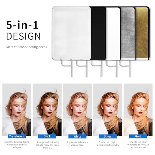 35"x47"/90x120cm Light Reflector Flag Panel Kit, 5-in-1 Diffusion Scrim Translucent/Gold/Silver/Black/White Lighting Diffuser, Stainless Steel Foldable Frame for Studio Portrait Photography