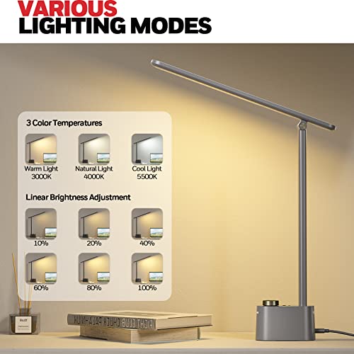 Honeywell HWT-H01 LED Desk Lamp Stepless Dimmable Table Lamp with USB A+C Dual Charging Port Eye-Caring Foldable Desk Light with 3 Color Modes for Home Office Bedroom Reading Study Sunturalux (Gray) - color: Gray