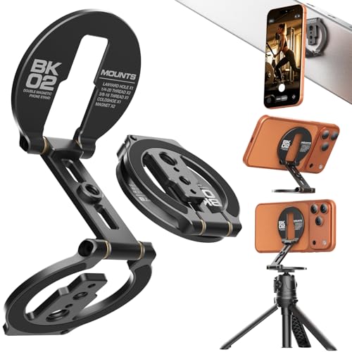 MOSENVKA Dual Magnetic Phone Stand Holder Double Magnetic Phone Holder Ultrathin Foldable 1/4" Screw Tripod Mount for iPhone 16 15 14 13 12 Pro Max Plus Gym Magnet Phone Stand (Black)