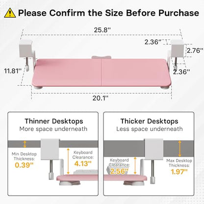 BONTEC KMT01-PJ Under Desk Keyboard Tray, Pull-Out Keyboard & Mouse Platform with C-Clamp, 20 x 11.8 in Space-Saving Ergonomic Slide-Out Drawer, Pink - color: Pink, size: 20" x 11.8"