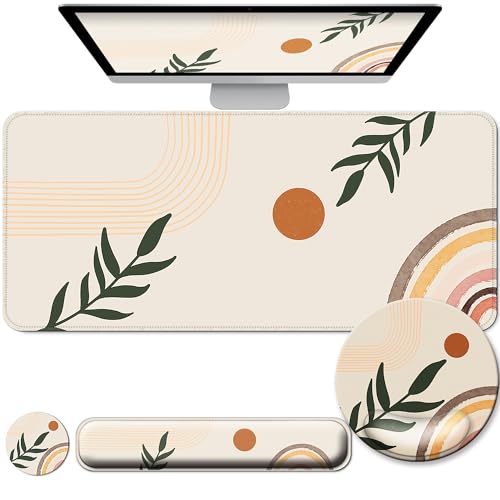 Desk Mat Set + Keyboard and Mouse Pad with Wrist Rest Support,4-in-1 Large Mousepad Computer Mats for Desktop Home & Office-Boho Leaves - color: N_Bobo Leaves