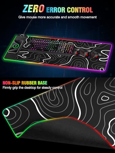 Wireless Charging RGB Gaming Mouse Pad, 31.5"x15.7" XXL Large Desk Mat, Desk Pad for Gamer, 9 Light Modes, Non-Slip Rubber Base, Waterproof, Computer Keyboard Mat, Black - color: Black-white Topographic Line