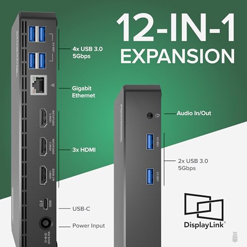 Plugable USB C Triple Display Docking Station | 100W PD, 3x HDMI (1x 4K 30Hz, 2x 1080p 60Hz), 6x USB 5Gbps Ports | Windows, macOS, ChromeOS Compatible - Enhance Productivity with Multi-Monitor Support