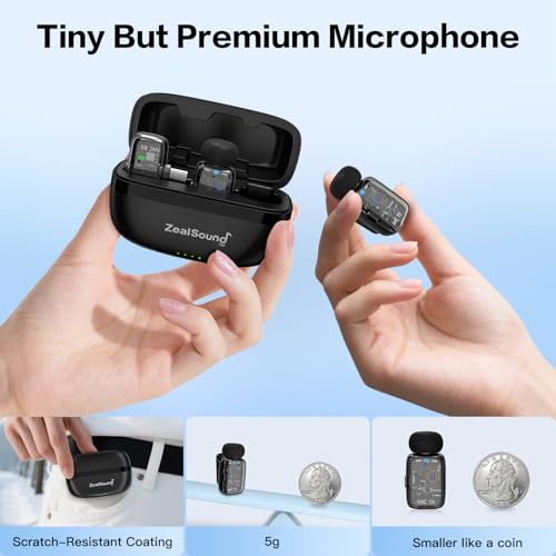 ZealSound Mini Wireless Lavalier Microphone for iPhone iPad Android, Dual Channel Wireless Mics with Noise Cancellation, Mute & Volume Control, 33H Battery Case, USB-C & Lightning Plug & Play, Black - color: Black