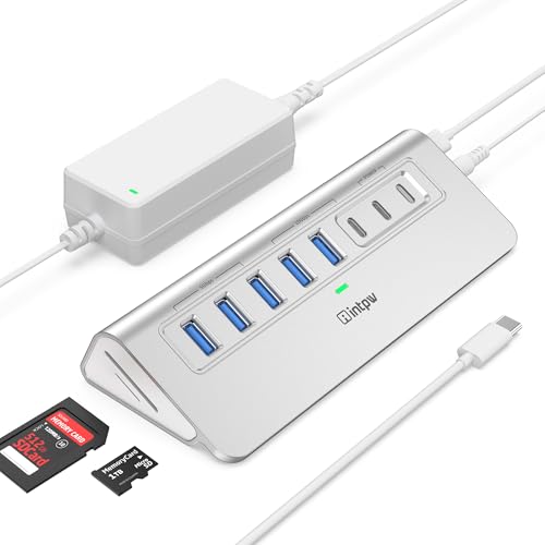 Powered USB Hub 10Gbps, Intpw YH6AC Plus 10-Port USB Hub 3.2 (USB A/USB C 3.2+3 USB-A 3.0+2 PD 45W Fast Charging Port+SD/TF Card Reader), 65W Power Adapter,Aluminum USB HUB for PC,Laptop,iPhone 17/16 - color: Silver, size: 6 Data+2 PD Charging Ports +SD&T
