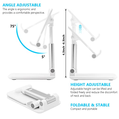 Cell Phone Stand for Desk, Angle & Height Adjustable Phone Holder, (White) | Fully Foldable, Fits for All Under 6.5" Smartphones, Ideal for Home, Office & Travel Use - color: B-White