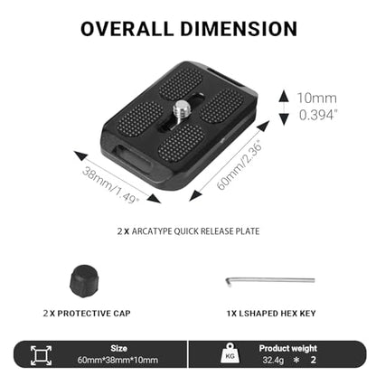2 Pack Arca-Swiss Plate, Quick Release Plate Camera Mount, 38 * 60mm Arca-Swiss Mount Plate with Safety Pins, Lightweight Aluminum for Tripod/Monopod/Strap, 1/4" Screw Compatible Camera - size: 38mm*60mm