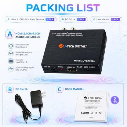 J-Tech Digital Premium Quality 4k HDMI to HDMI + Audio (SPDIF + RCA Stereo) Audio Extractor Converter (JTDAT5CH) - size: 4K 30 Hz