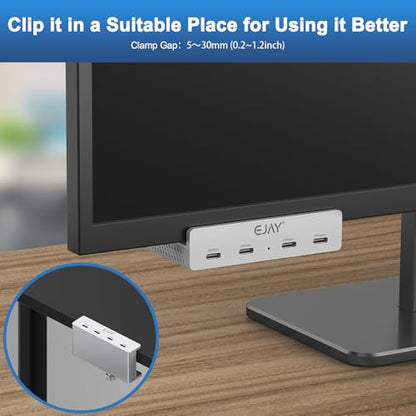EJAY 10Gbps USB C Hub 4Ports Aluminum USB 3.2 Docking Hub Clamp Design for Desk/Computor with Extra Power Supply Port and 47inches Long Data Cable&39inches Power Cable (Silver) - size: with 4 USB C