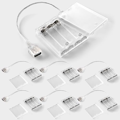 Copkim 6 Pcs USB Battery Pack for LED Lights, USB to Battery Pack for Plug in Lights, 5V Portable 4 AA Holder Box with Switch for Neon Signs Indoor Outdoor Party Decor (Clear) - color: Clear, style: 4 AA